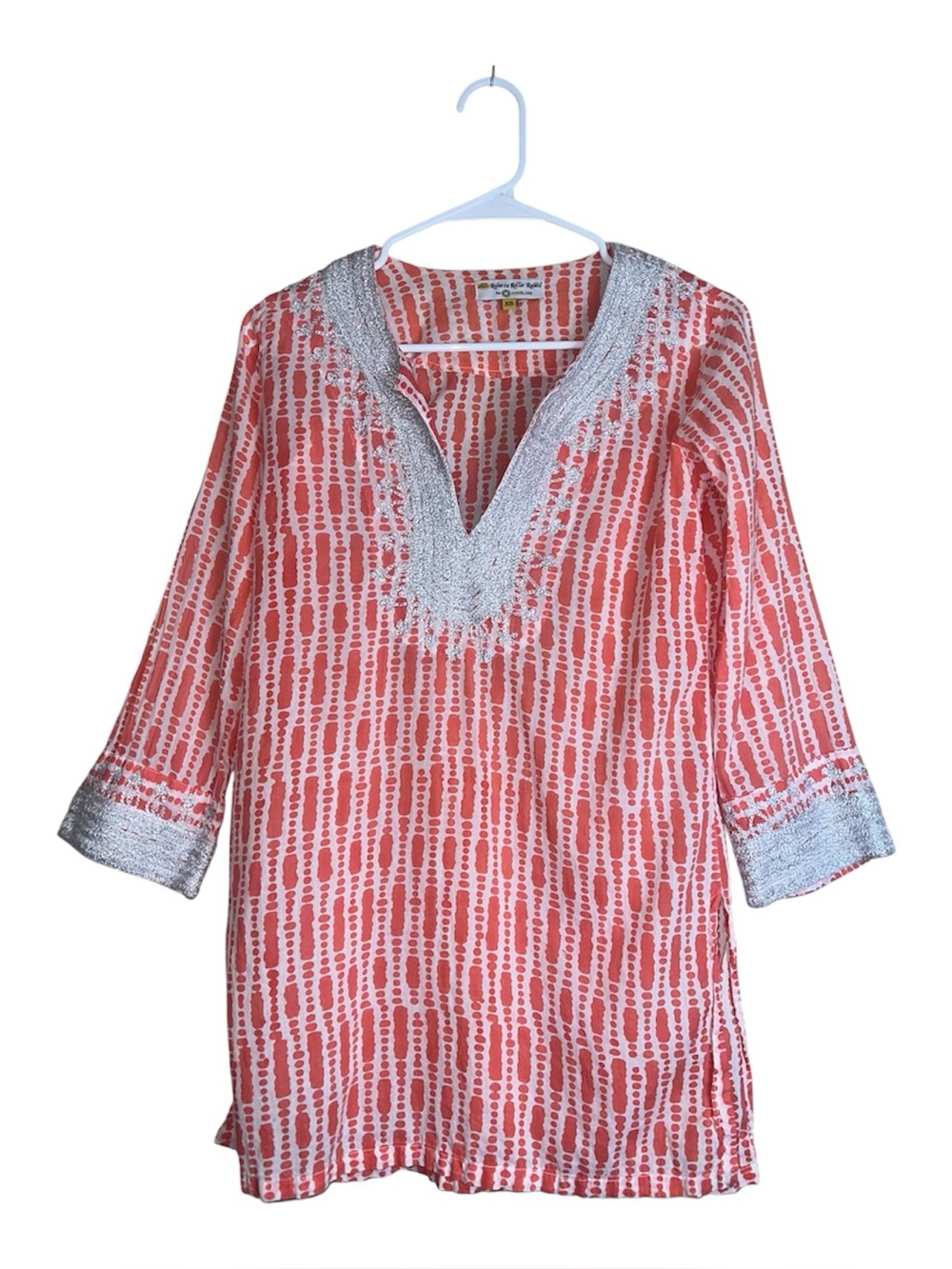 Roberta Roller Rabbit Coral White Embroidered Tunic Top with Silver Trim Sz XS